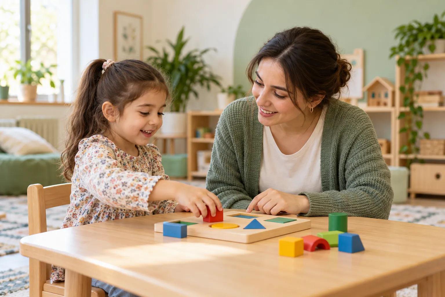 Özel eğitim öğretmeninin küçük bir kız çocuğuyla ahşap geometrik şekil yerleştirme oyunu oynaması